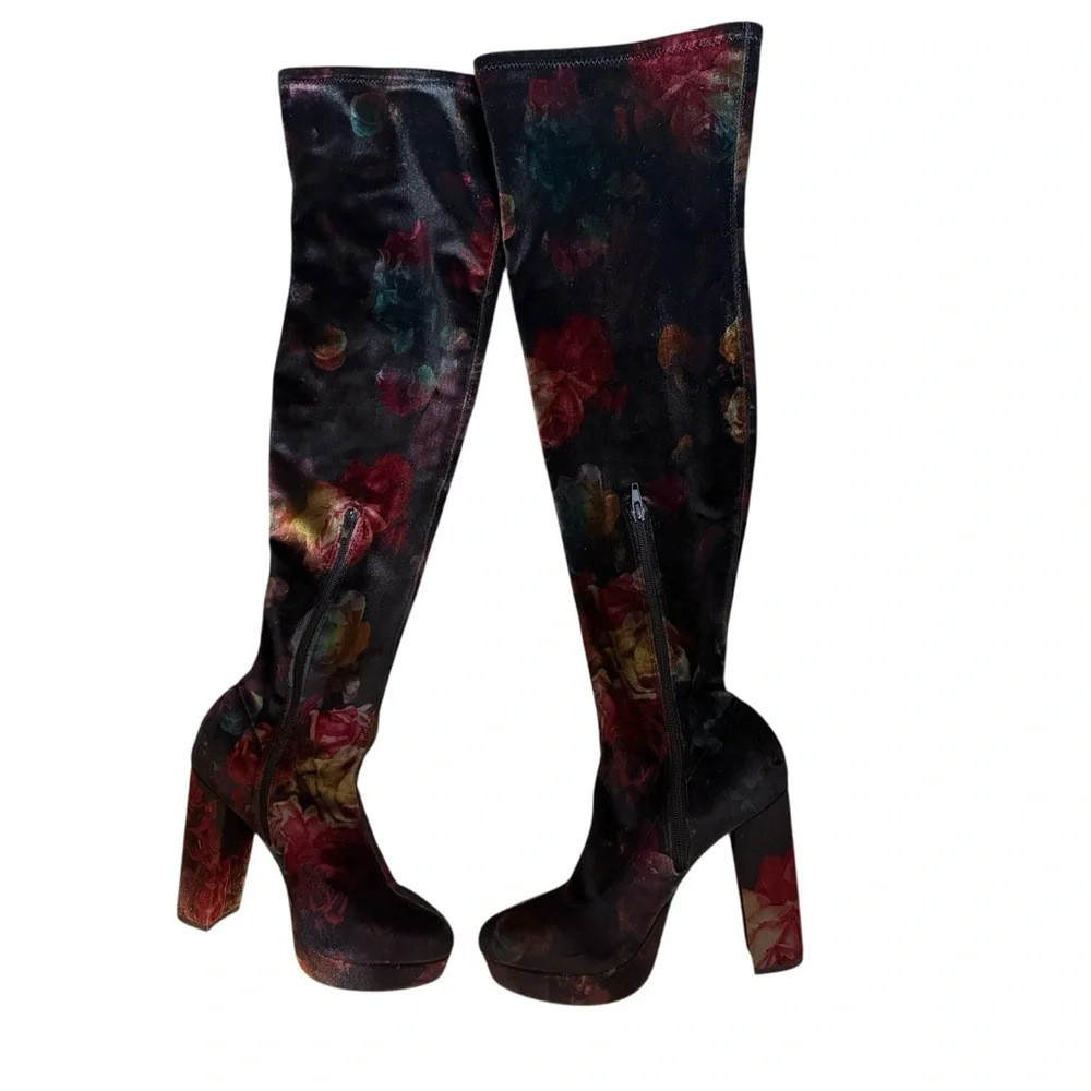 Madden Girl Groopie Black Velvet Floral Over-the-Knee Platform Boots